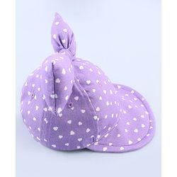 Babyhug 100% Cotton Woven Summer Cap With Bow Applique & Heart Print Lilac - Diameter 21.5 cm
