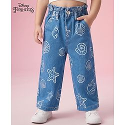 Babyhug Disney Denim Woven Full Length Jeans With Disney Princess Graphics - Blue