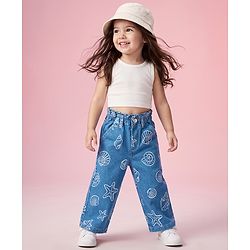 Babyhug Disney Denim Woven Full Length Jeans With Disney Princess Graphics - Blue