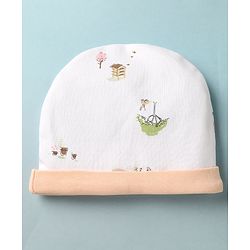 Babyhug 100% Cotton Interlock Knit Cap Mittens & Booties With Tree Home Print White - Diameter 14 cm