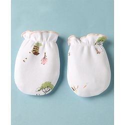 Babyhug 100% Cotton Interlock Knit Cap Mittens & Booties With Tree Home Print White - Diameter 14 cm