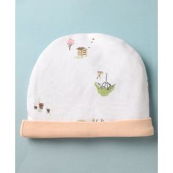 Babyhug 100% Cotton Interlock Knit Cap Mittens & Booties With Tree Home Print White - Diameter 14 cm