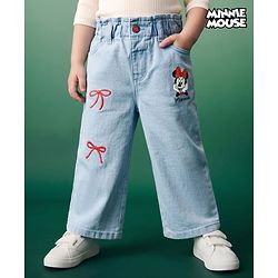 Babyhug Disney Denim Woven Full Length Jeans With Minnie Mouse Graphic & Bow Embroidery - Light Blue