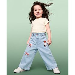 Babyhug Disney Denim Woven Full Length Jeans With Minnie Mouse Graphic & Bow Embroidery - Light Blue