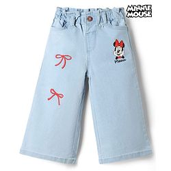 Babyhug Disney Denim Woven Full Length Jeans With Minnie Mouse Graphic & Bow Embroidery - Light Blue