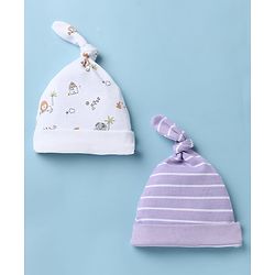 Babyhug 100% Cotton Interlock Knit Caps With Animal & Stripe Print Pack of 2 White & Lilac - Diameter 13.5 cm