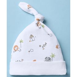 Babyhug 100% Cotton Interlock Knit Caps With Animal & Stripe Print Pack of 2 White & Lilac - Diameter 13.5 cm