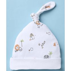 Babyhug 100% Cotton Interlock Knit Caps With Animal & Stripe Print Pack of 2 White & Lilac - Diameter 13.5 cm