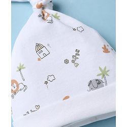 Babyhug 100% Cotton Interlock Knit Caps With Animal & Stripe Print Pack of 2 White & Lilac - Diameter 13.5 cm