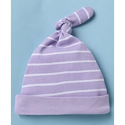 Babyhug 100% Cotton Interlock Knit Caps With Animal & Stripe Print Pack of 2 White & Lilac - Diameter 13.5 cm