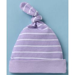 Babyhug 100% Cotton Interlock Knit Caps With Animal & Stripe Print Pack of 2 White & Lilac - Diameter 13.5 cm