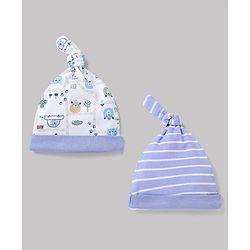 Babyhug 100% Cotton Interlock Knit Baby Caps with Animal & Vehicles Print Pack of 2 i White & Blue - Diameter 15 cm