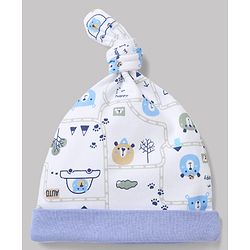 Babyhug 100% Cotton Interlock Knit Baby Caps with Animal & Vehicles Print Pack of 2 i White & Blue - Diameter 15 cm