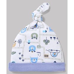 Babyhug 100% Cotton Interlock Knit Baby Caps with Animal & Vehicles Print Pack of 2 i White & Blue - Diameter 15 cm