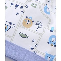 Babyhug 100% Cotton Interlock Knit Baby Caps with Animal & Vehicles Print Pack of 2 i White & Blue - Diameter 15 cm