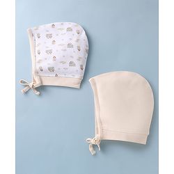 Babyhug 100% Cotton Interlock Knit Printed Cap Pack of 2 White - Diameter 19 cm