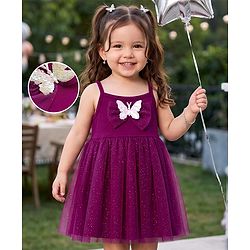 Babyhug Single Jersey Singlet One Piece Glittery Frock with Bow & Butterfly Applique - Wine