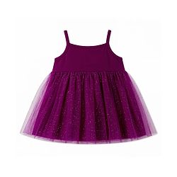 Babyhug Single Jersey Singlet One Piece Glittery Frock with Bow & Butterfly Applique - Wine