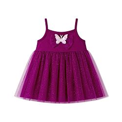 Babyhug Single Jersey Singlet One Piece Glittery Frock with Bow & Butterfly Applique - Wine