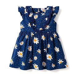 Babyhug Cotton Half Sleeves Floral One Piece Frock with Polka Dot Print - Navy