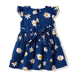 Babyhug Cotton Half Sleeves Floral One Piece Frock with Polka Dot Print - Navy