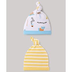 Babyhug 100% Cotton Interlock Knit Striped Cap with Bear Print Pack of 2 White & Yellow - Diameter 14 cm