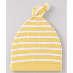Babyhug 100% Cotton Interlock Knit Striped Cap with Bear Print Pack of 2 White & Yellow - Diameter 14 cm