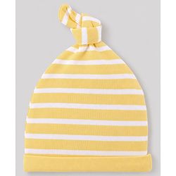 Babyhug 100% Cotton Interlock Knit Striped Cap with Bear Print Pack of 2 White & Yellow - Diameter 14 cm