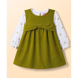 Babyhug Corduroy Woven A Line Frock & Inner Tee With Bow Print - Green