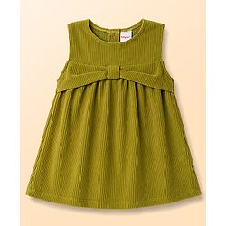Babyhug Corduroy Woven A Line Frock & Inner Tee With Bow Print - Green