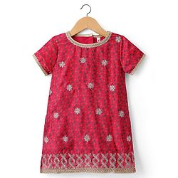 Babyhug Woven Half Sleeves Kurti Gharara Set with Floral Embroidery & Dupatta - Fuchsia