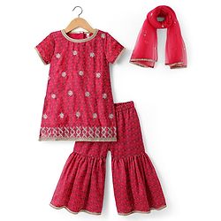 Babyhug Woven Half Sleeves Kurti Gharara Set with Floral Embroidery & Dupatta - Fuchsia