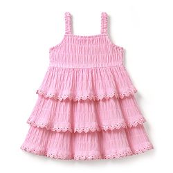 Babyhug Cotton Woven Sleeveless Layered Smoked Textured  Frock With Lace Detailing - Pink