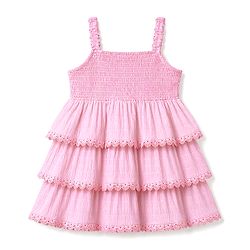Babyhug Cotton Woven Sleeveless Layered Smoked Textured  Frock With Lace Detailing - Pink