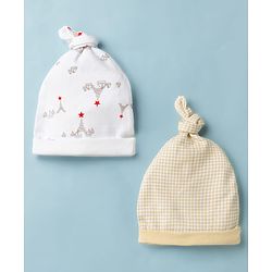 Babyhug 100% Cotton Interlock Knit Printed Baby Caps in White & Yellow Pack of 2 - Diameter 14.5 cm