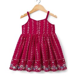 Babyhug Georgette Woven  Sleeveless Floral Embroidered Kurti & Sharara Set With Dupatta - Fuchsia