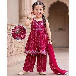 Babyhug Georgette Woven  Sleeveless Floral Embroidered Kurti & Sharara Set With Dupatta - Fuchsia
