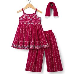 Babyhug Georgette Woven  Sleeveless Floral Embroidered Kurti & Sharara Set With Dupatta - Fuchsia