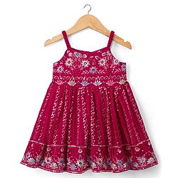 Babyhug Georgette Woven  Sleeveless Floral Embroidered Kurti & Sharara Set With Dupatta - Fuchsia