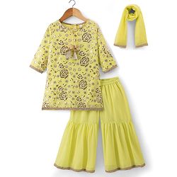 Babyhug Georgette Woven Three Fourth Sleeves Kurti Gharara Set with Sequin Detailing & Dupatta - Lime Green