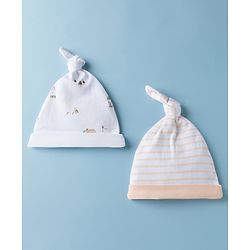 Babyhug 100% Cotton Interlock Knit Striped Baby Caps with Farm Theme Print White Pack of 2 - Diameter 14 cm