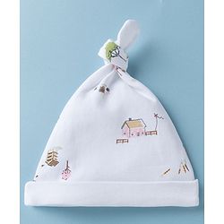 Babyhug 100% Cotton Interlock Knit Striped Baby Caps with Farm Theme Print White Pack of 2 - Diameter 14 cm
