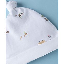 Babyhug 100% Cotton Interlock Knit Striped Baby Caps with Farm Theme Print White Pack of 2 - Diameter 14 cm