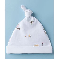 Babyhug 100% Cotton Interlock Knit Striped Baby Caps with Farm Theme Print White Pack of 2 - Diameter 14 cm