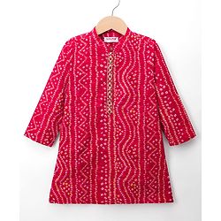 Babyhug 100% Cotton Cambric Woven Full Sleeves Bandhani Dhoti Kurta Set With Lace Detailing - Red