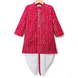 Babyhug 100% Cotton Cambric Woven Full Sleeves Bandhani Dhoti Kurta Set With Lace Detailing - Red