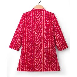 Babyhug 100% Cotton Cambric Woven Full Sleeves Bandhani Dhoti Kurta Set With Lace Detailing - Red
