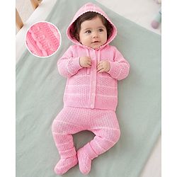 Babyhug Knit Full Raglan Sleeves Hooded Sweater Set with Booties - Pink