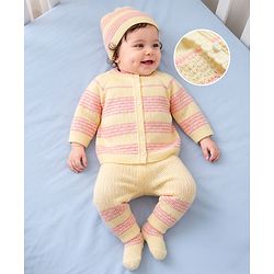 Babyhug Knit Raglan Full Sleeves Striped Four Piece Sweater Set With Cap & Booties - OffWhite