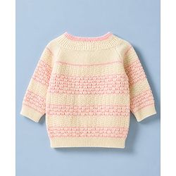 Babyhug Knit Raglan Full Sleeves Striped Four Piece Sweater Set With Cap & Booties - OffWhite